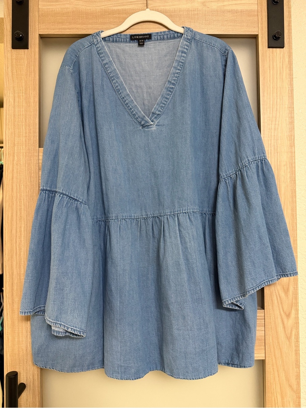 Lane Bryant Denim V-Neck Tiered Bell Sleeve Tunic - Light Blue